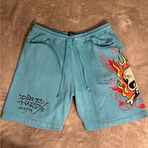 Ed Hardy Turquoise Men’s Skull & Flame Graphic Athletic Shorts